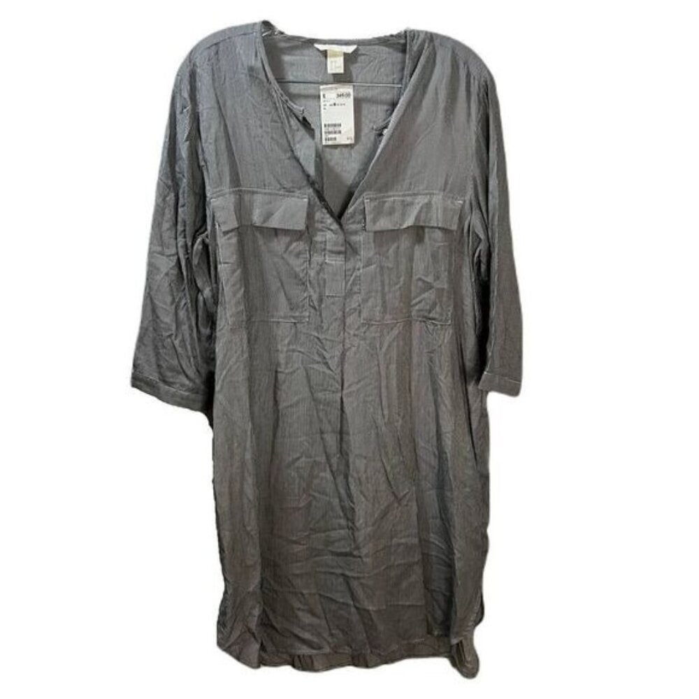 Linen Blend Tunic‎ Shirt Dress Black and White Pin Stripes Size 8